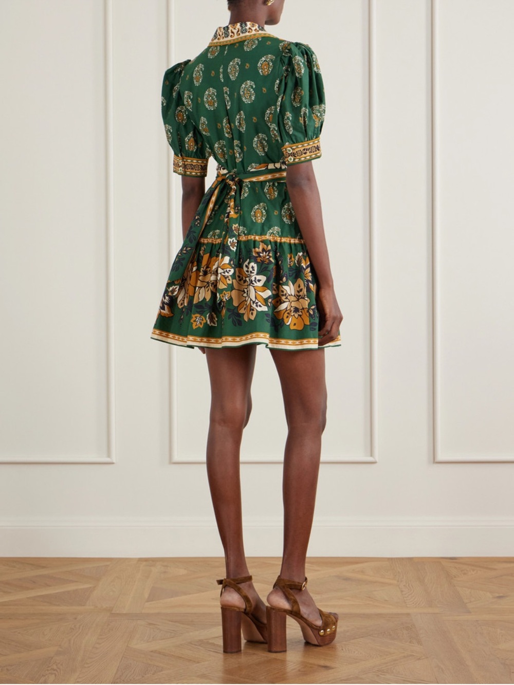 NWT FARM Rio Green Floral Wrap Mini Dress with Mustard Accents - Picture 3 of 4